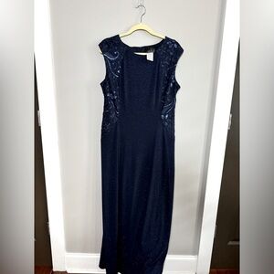Alex Evening Navy Blue Lace Glitter Gown Dress (sz 16)